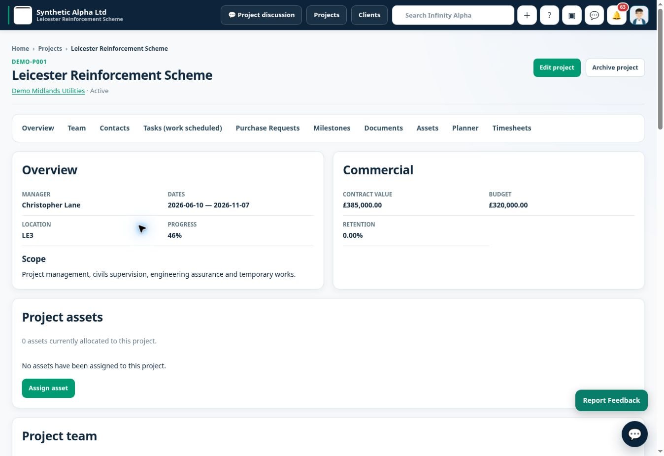 Infinity Alpha Project details and oversight screenshot — View project details and related information in one place to support day-to-day oversight.