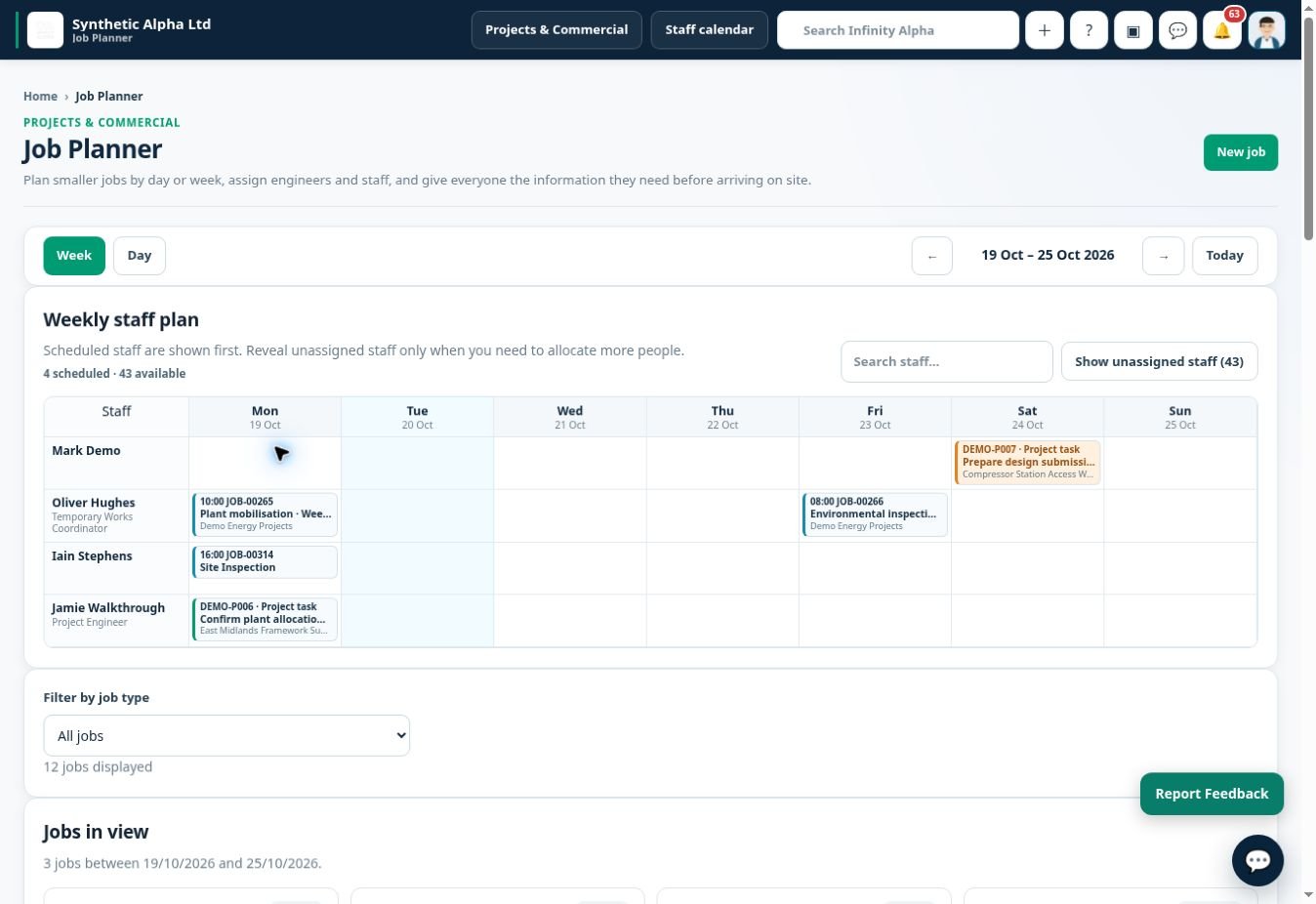 Infinity Alpha Work Scheduler screenshot — Plan and organise scheduled work, with responsibilities and project-related tasks visible to the team.