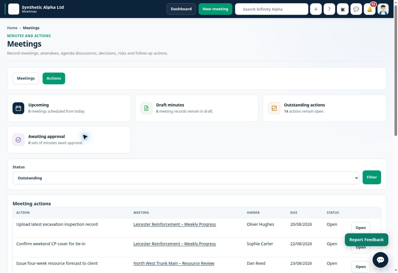 Infinity Alpha Meeting actions screenshot — Track actions arising from meetings, including the work that needs following up.