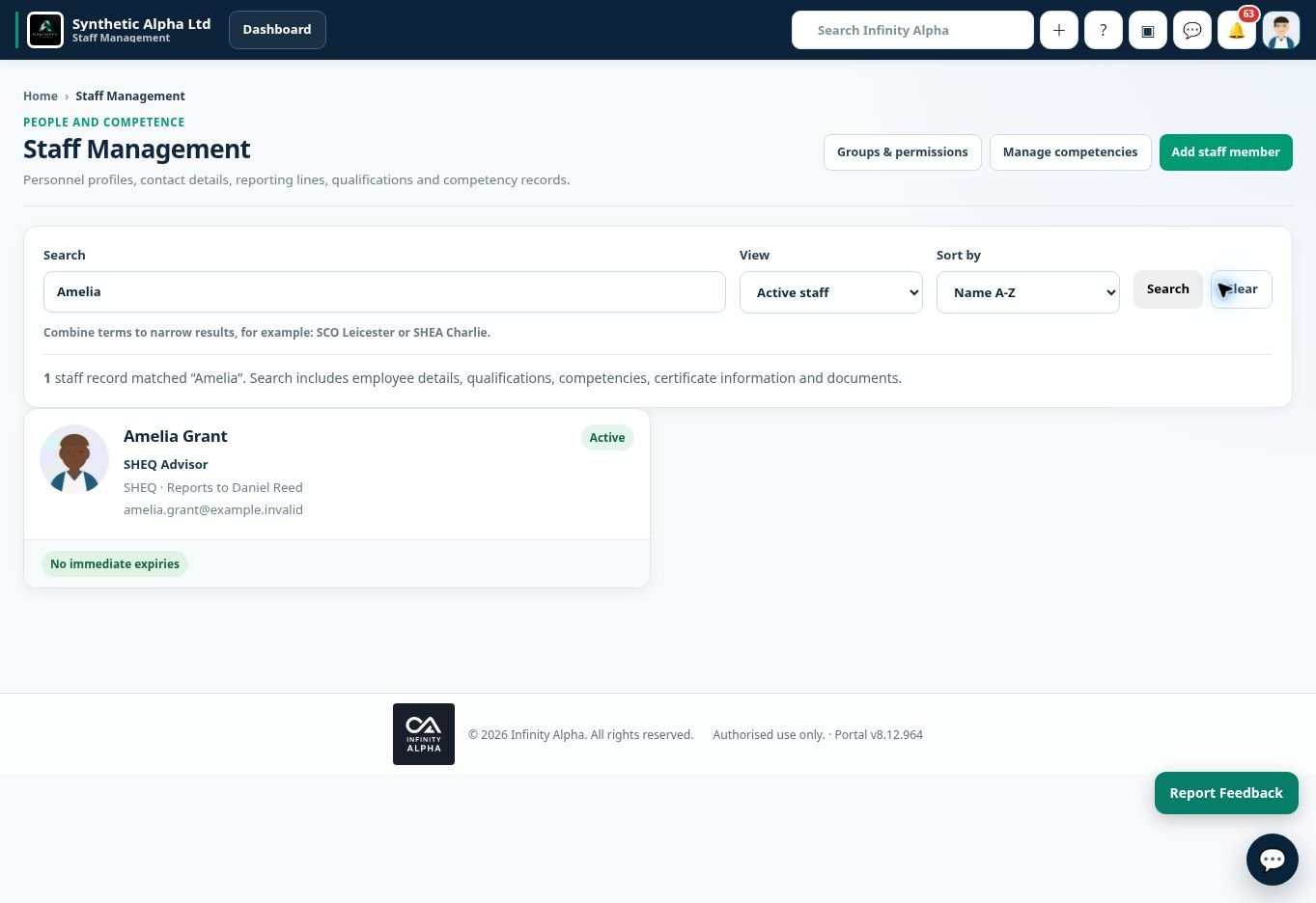 Infinity Alpha Staff management screenshot — Access the staff directory and manage employee information from a central workspace.