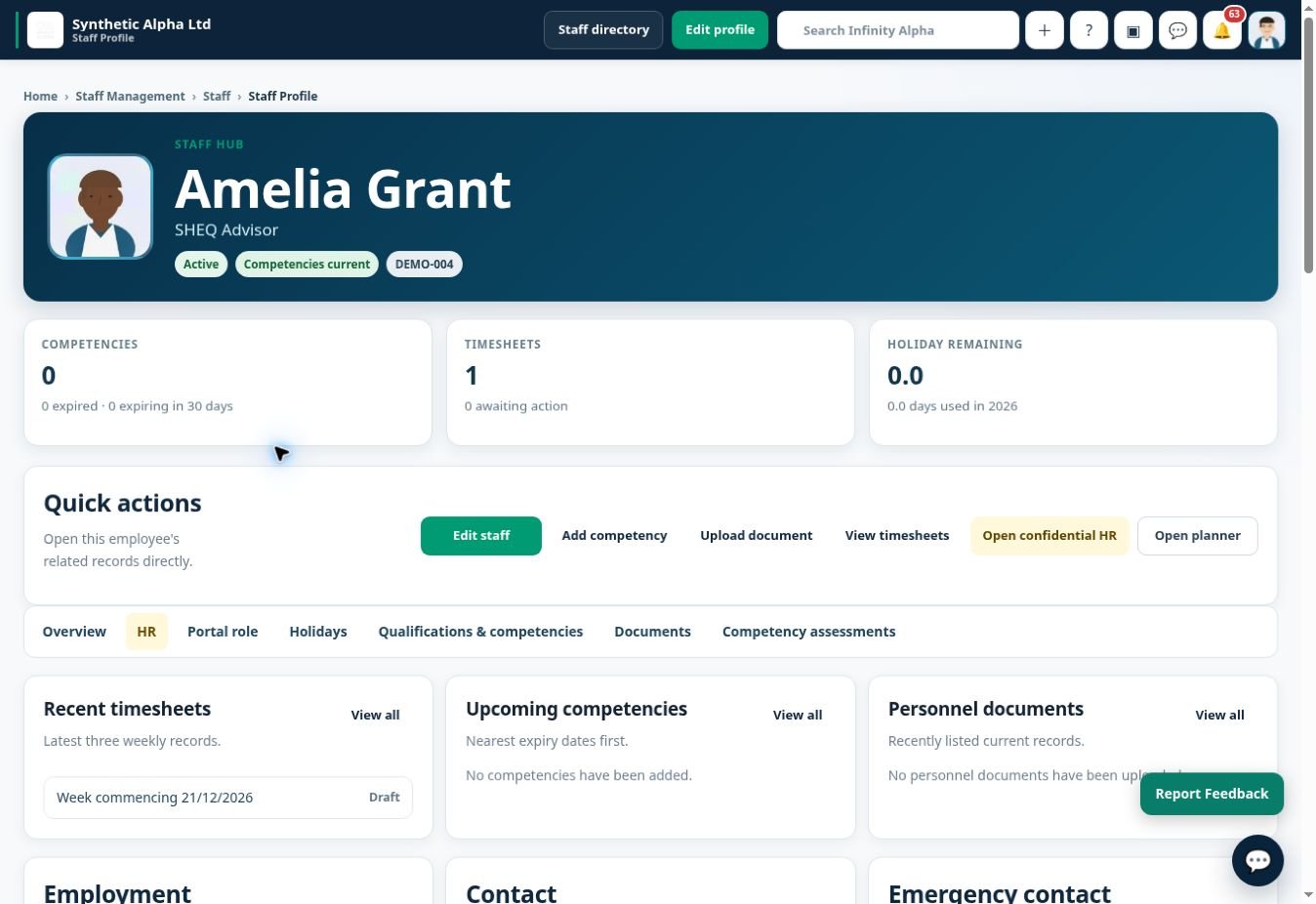 Infinity Alpha Staff profile screenshot — Review individual staff profiles and the details associated with each employee.