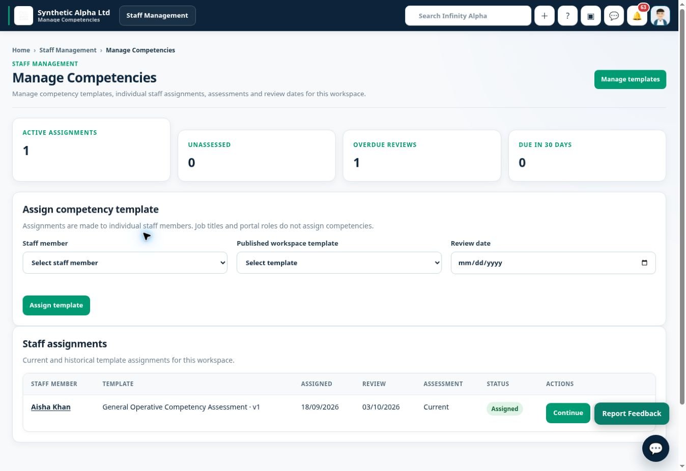 Infinity Alpha Training and competence screenshot — View training and competence records to help understand staff qualifications and requirements.