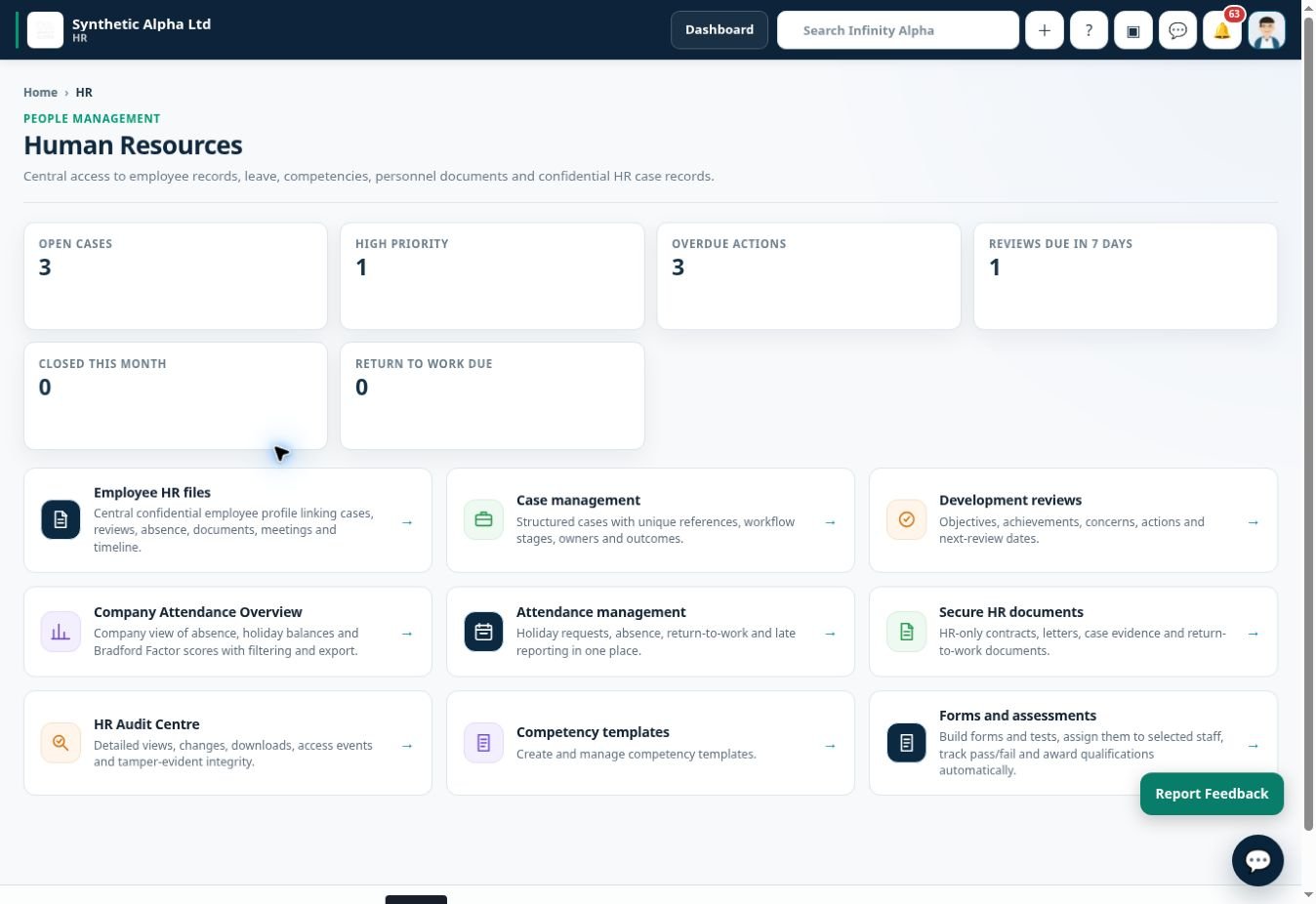 Infinity Alpha Human resources screenshot — Manage HR information in a dedicated workspace with access governed by staff permissions.