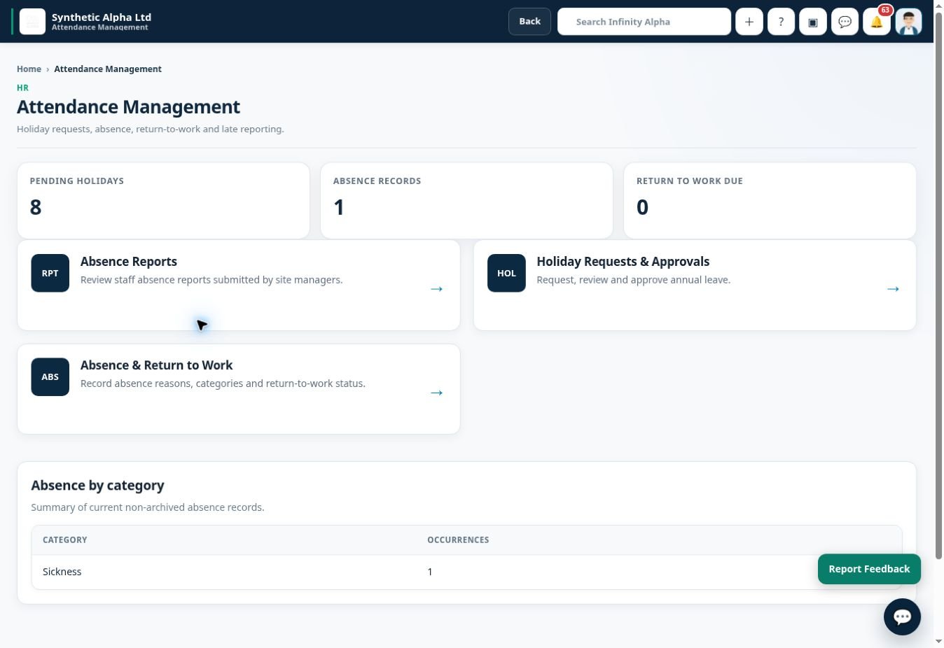 Infinity Alpha Attendance and absence screenshot — Review attendance and absence information to support workforce administration.