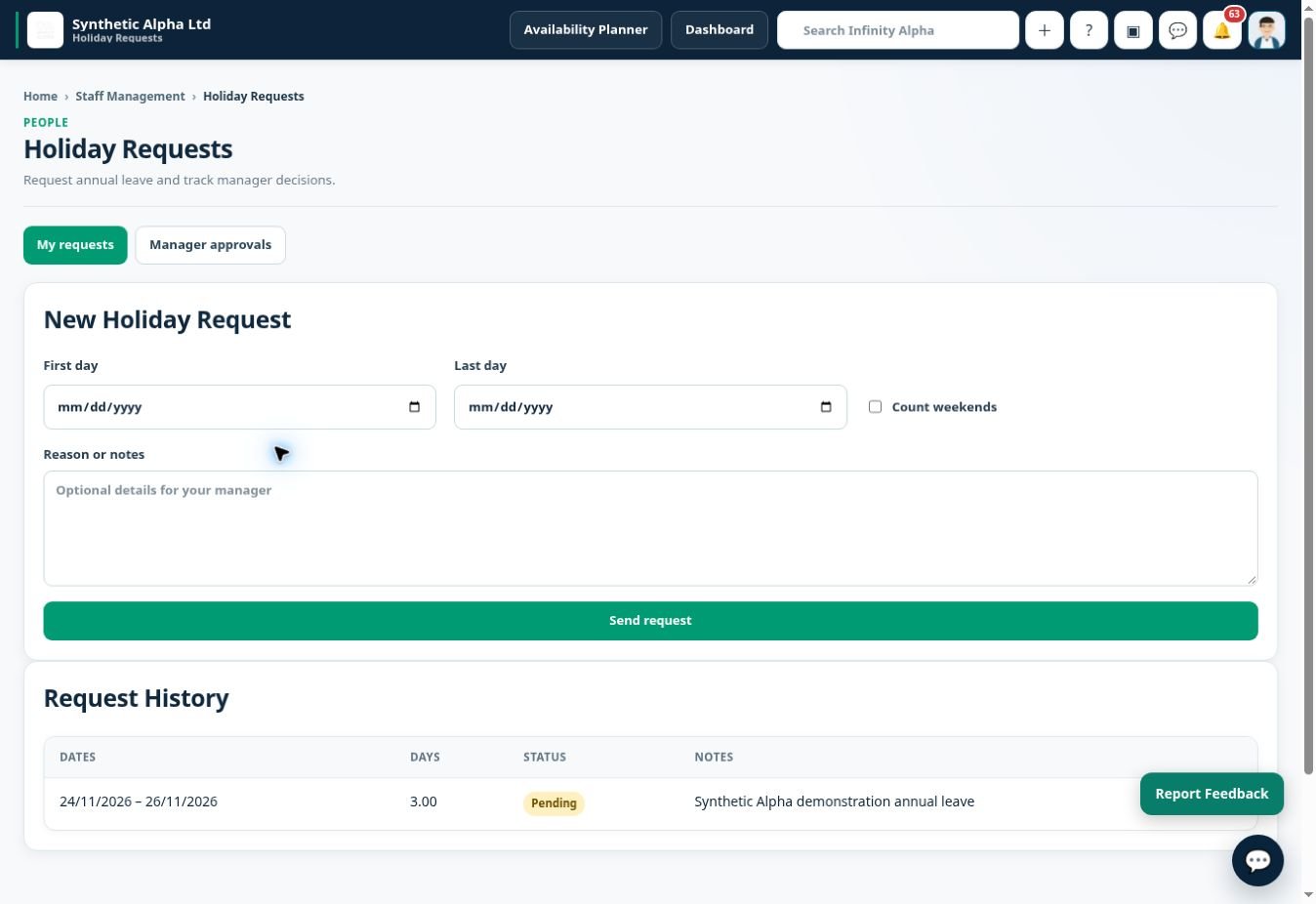 Infinity Alpha Holiday requests screenshot — View holiday requests and the leave information needed for planning staff availability.