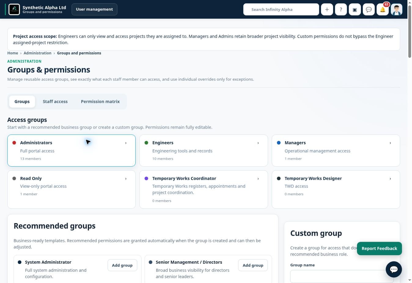 Infinity Alpha Groups and permissions screenshot — Organise staff access through groups and permissions appropriate to different responsibilities.
