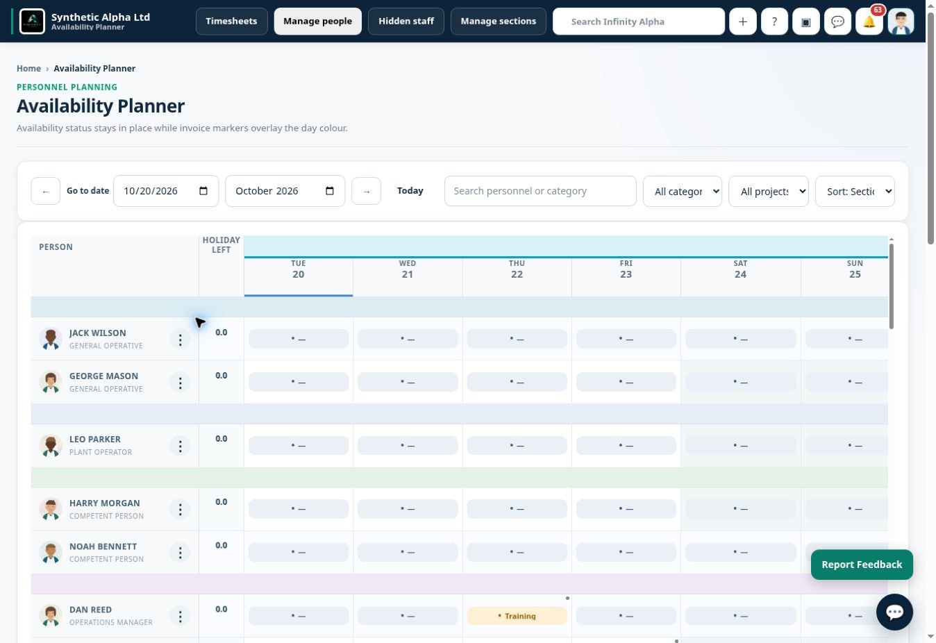 Infinity Alpha Availability planner screenshot — Check the availability planner and holiday information when allocating staff to upcoming work.