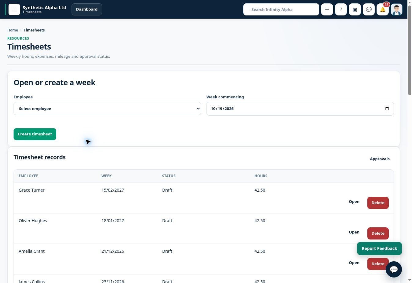 Infinity Alpha Timesheets screenshot — Record and review timesheet information within the operational workflow.