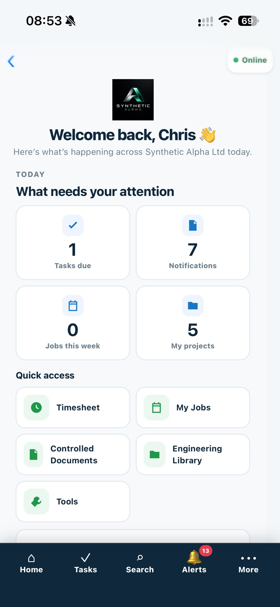 Synthetic Alpha mobile dashboard showing tasks, notifications, jobs, projects and quick access to timesheets and documents